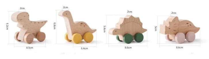 Juguete de madera de dinosaurios sobre ruedas