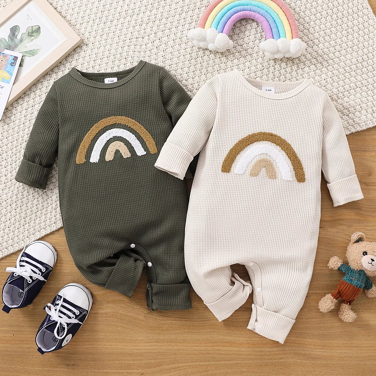 Long sleeve waffle jumpsuit with rainbow embroidery