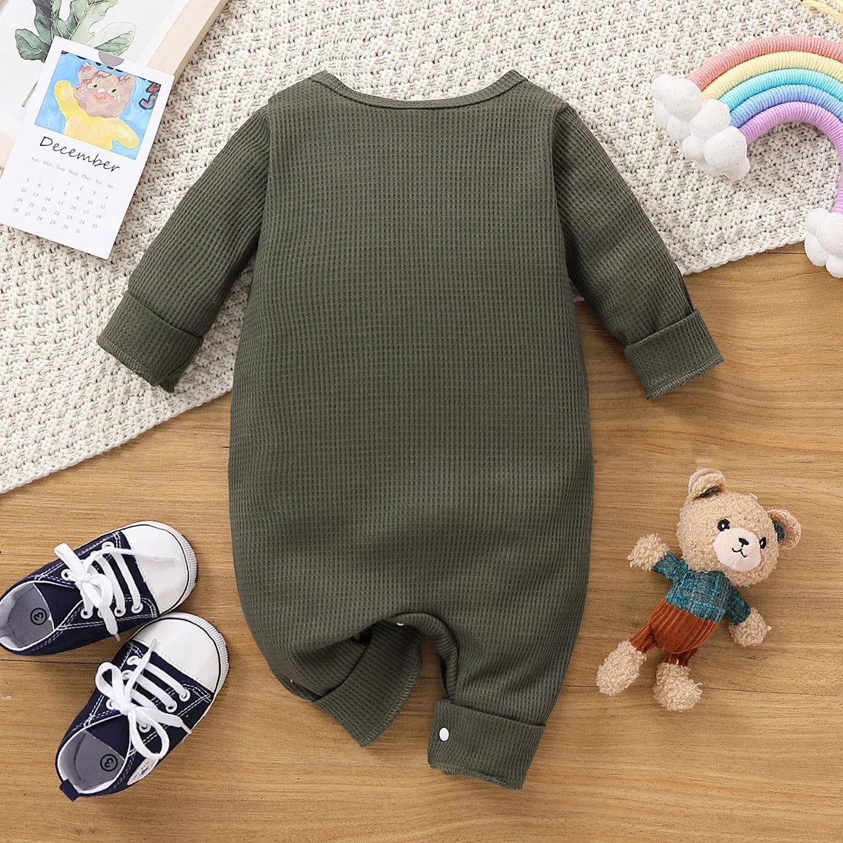 Long sleeve waffle jumpsuit with rainbow embroidery